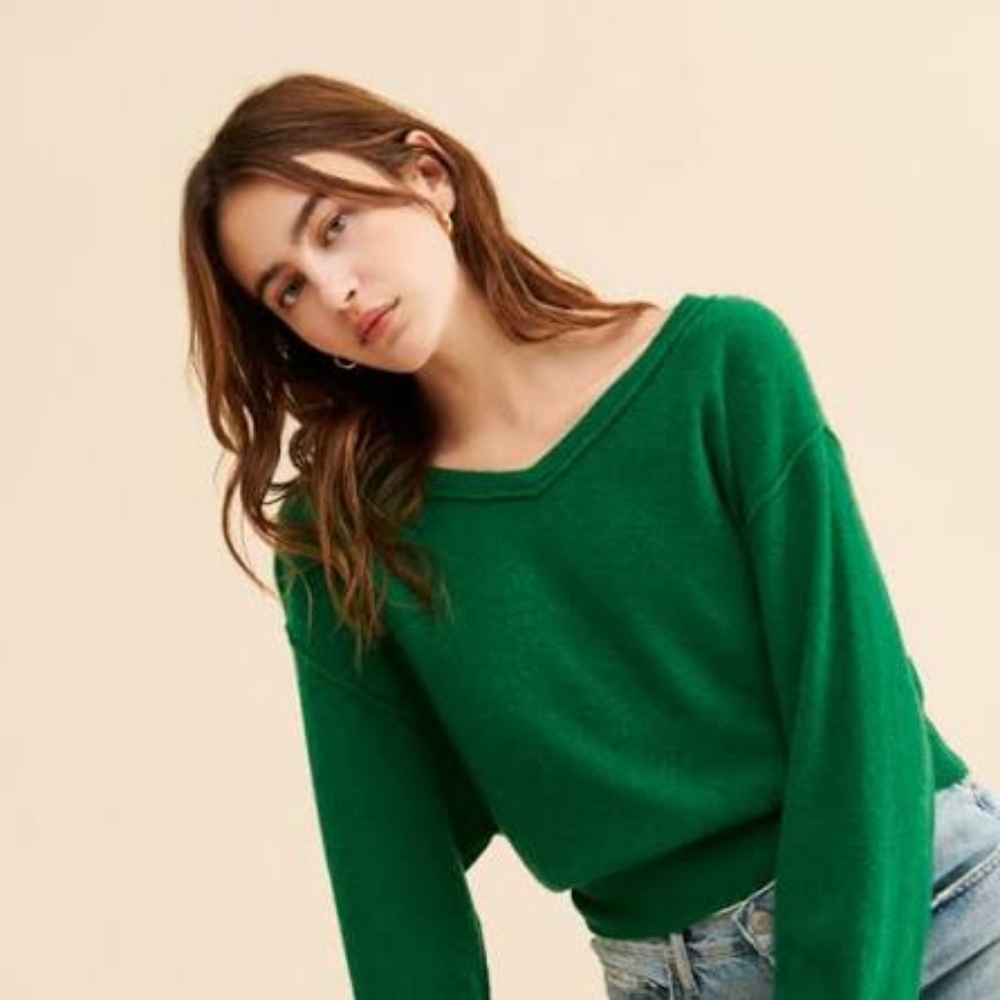 Free People Love Like This Green V-Neck Cashmere Sweater S In Great Condition